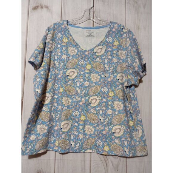 Talbots Shirt Ladies 3x Petite Pastel Blue Floral Short Sleeve VNeck Soft Tee Ca - Picture 1 of 6